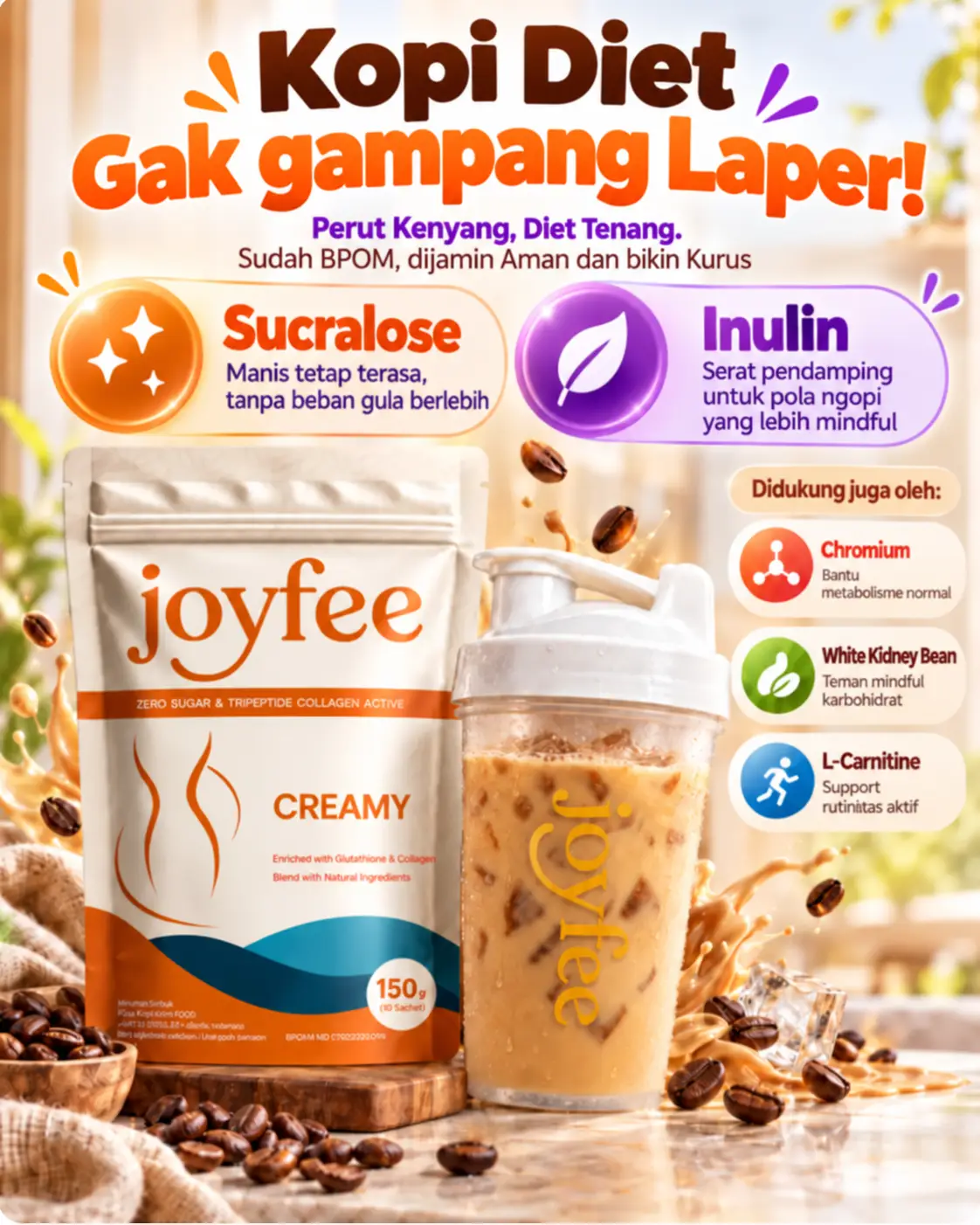 JoyFee creamy coffee zero sugar, dengan inulin dan kandungan lain